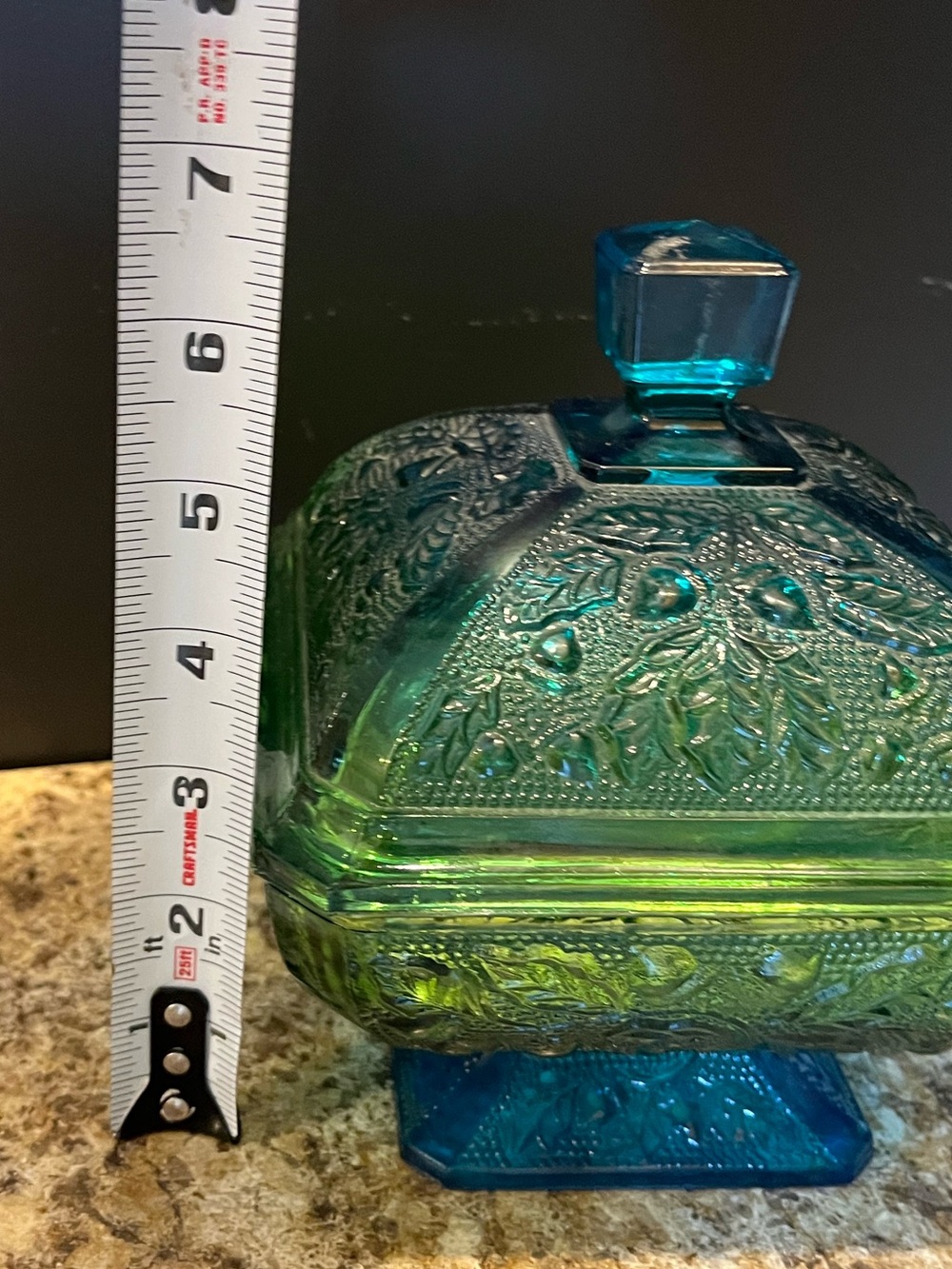 Vintage Jeanette Glass Embossed Glass Covered Pedestal Dish in Blue Green Ombre - Picture 10 of 15